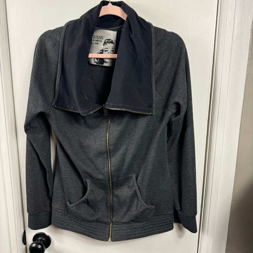 Guess Funnel Cowl Neck Shawl Collar Zip Up Sweatshirt Sweater Jacket